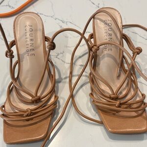 Journee Collection Tan Strappy Lace-Up Square-Toe Heels